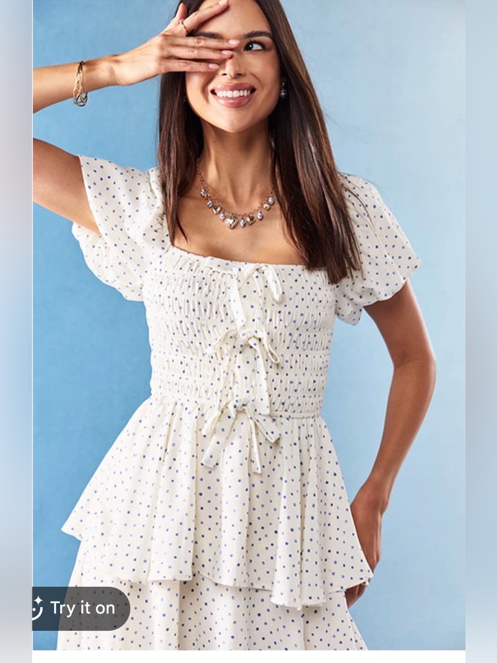 Francesca's Collections White Midi Dress with Navy Dots